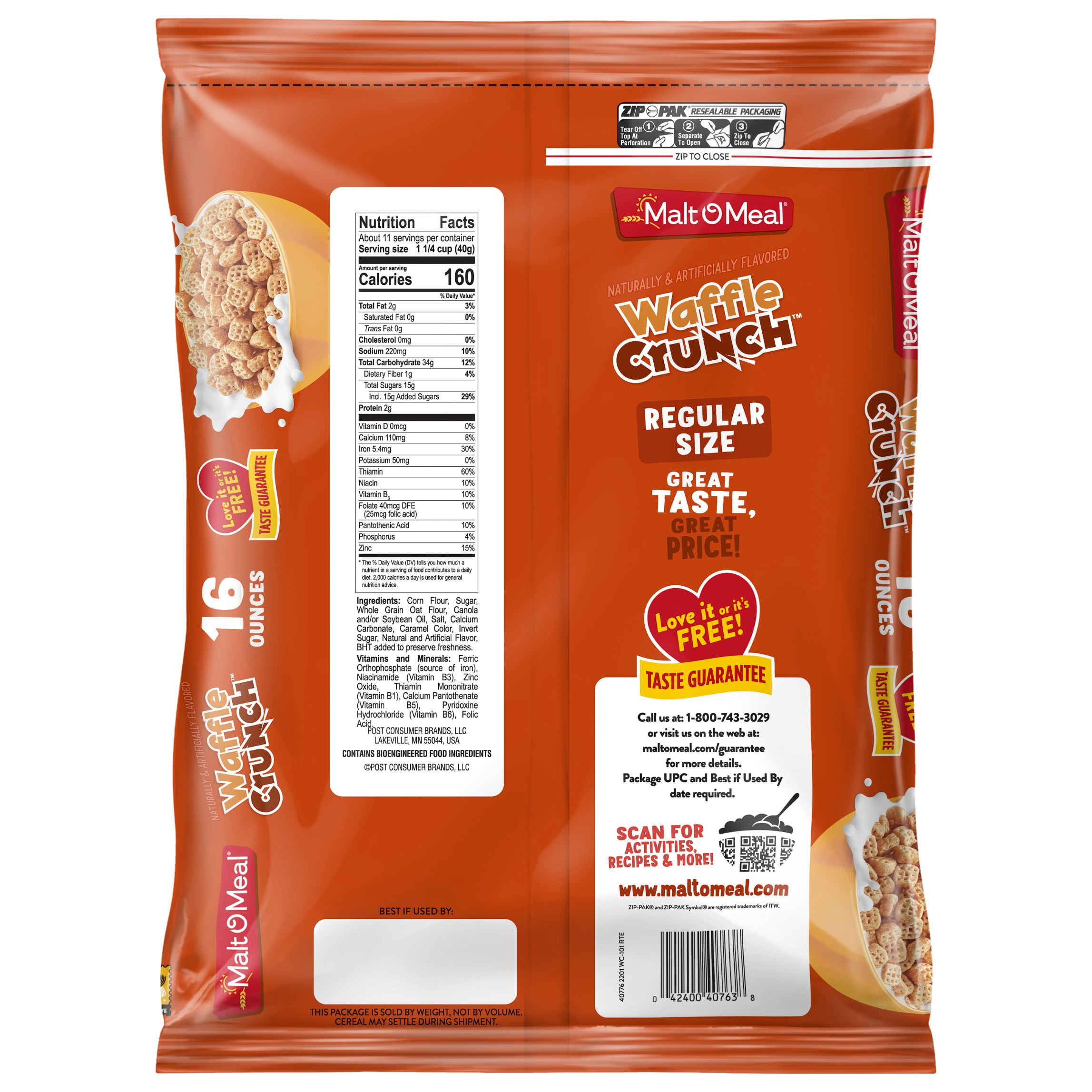 Malt-O-Meal, Crunchy, Waffle Crunch Breakfast Cereal, 16 oz Plastic Bag