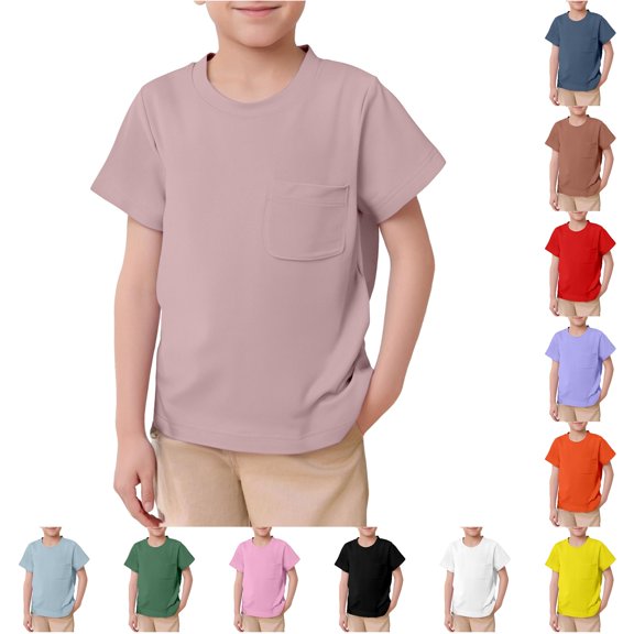 RUTAYY Boys Casual T-Shirt Crew Neck Front Pocket Solid Color Short Sleeve Lightweight Daily Top Light Pink