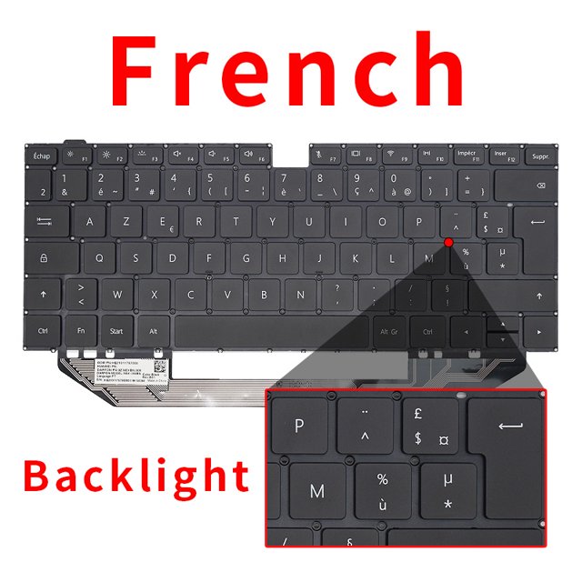 Clavier Rétroéclairé US RU pour HUAWEI MateBook X Pro MACHR MACH-W19L W19B W29L W09 MACHC-WAH9LP/WAE9LP NSK-360BN 9Z.NEXBN Rétroéclairé Français