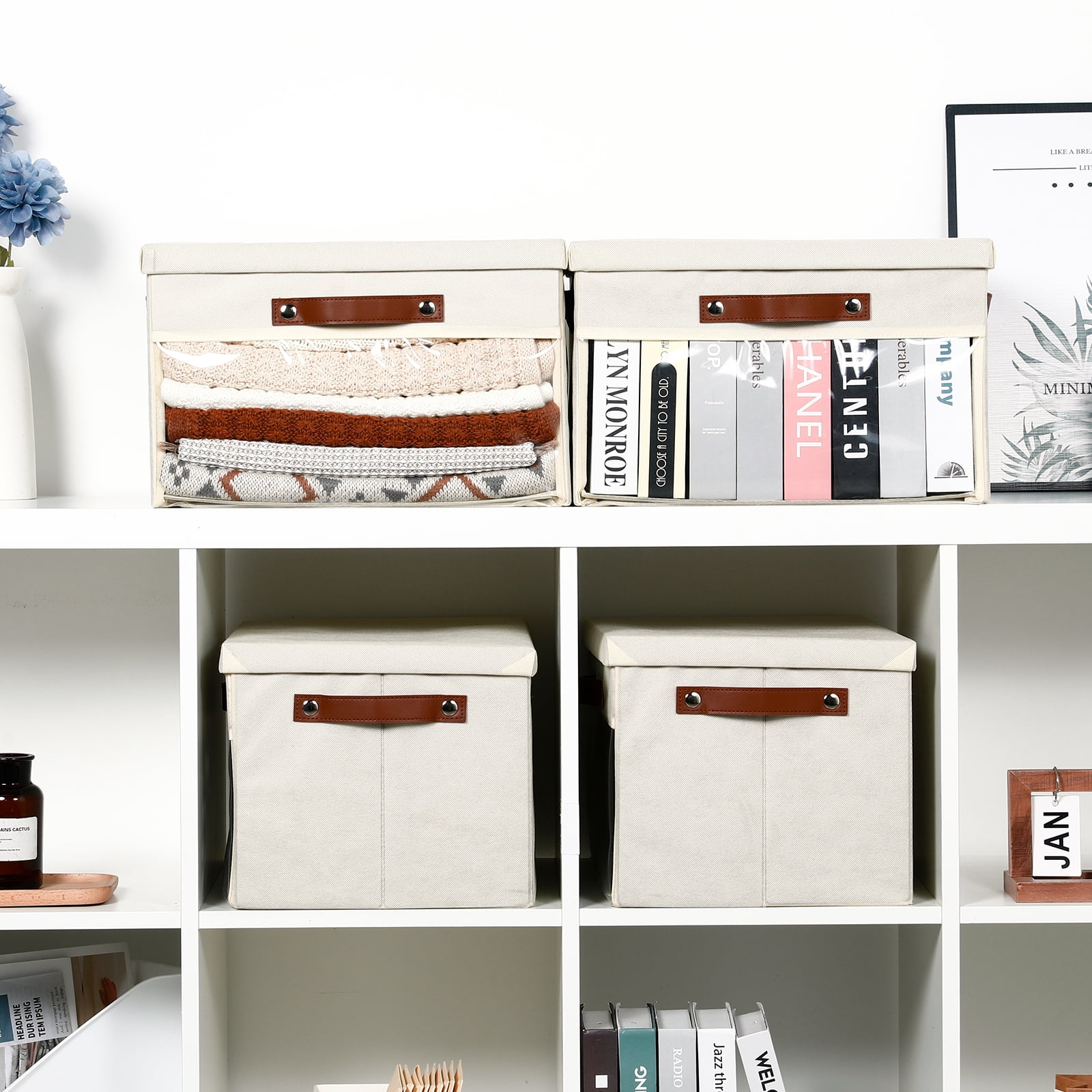 Bidtakay Collapsible Storage Bins with Lid 15 x 11 x 9.7 inch 4-Pack Fabric Closet Organizer with Clear Window Storage Baskets for Shelves Organization (Ivory)