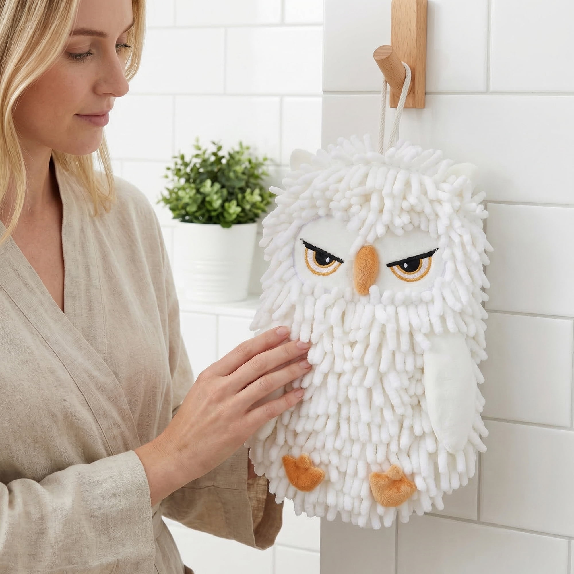 Unique Bargains Cute Owl Shaped Soft Chenille Hanging Hand Towels White 11" x 9"