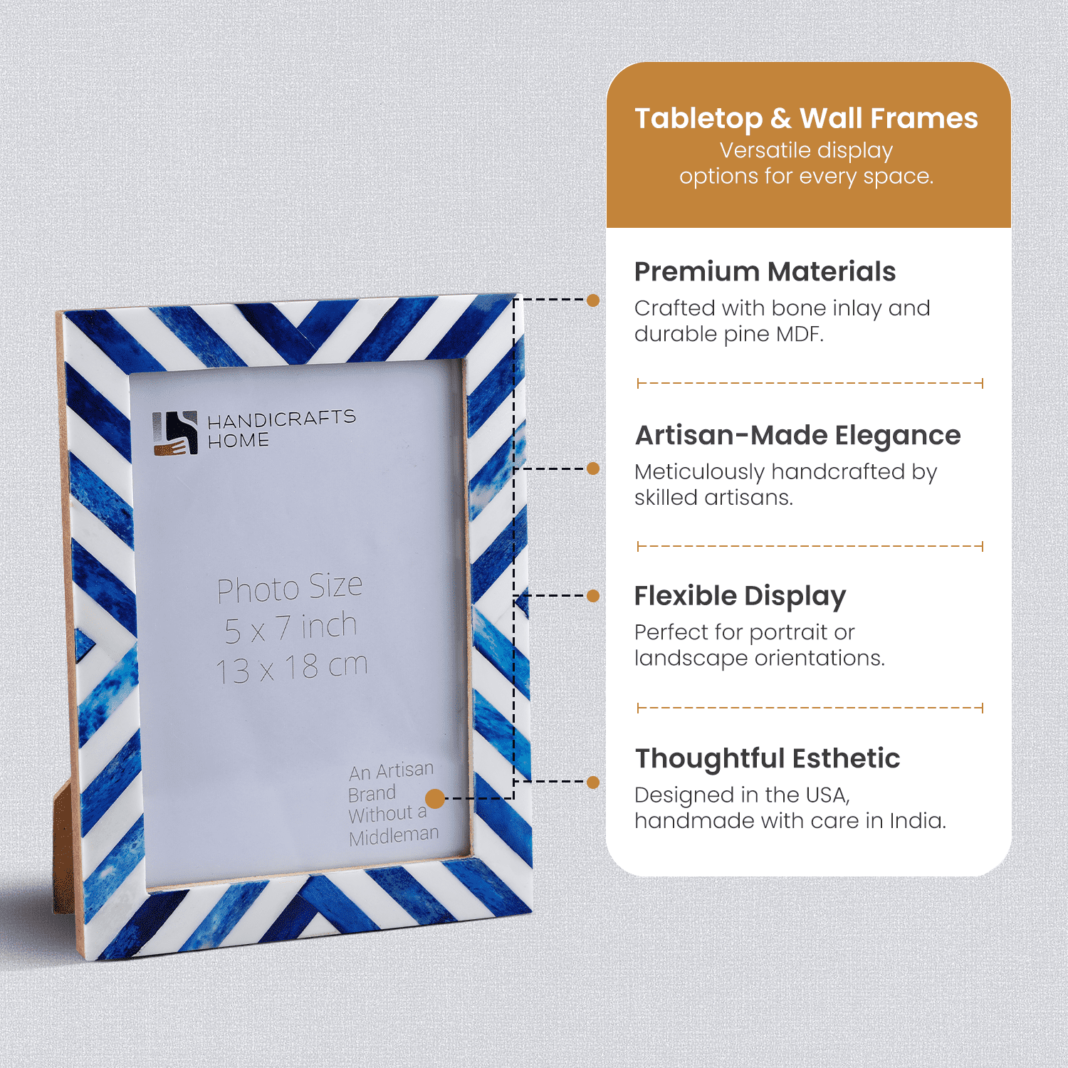 Handicrafts Home 5x7 Picture Frame, Blue Chevron Bone Inlay Photo Frame, Wall or Tabletop Picture Frame for Home Wall Decor