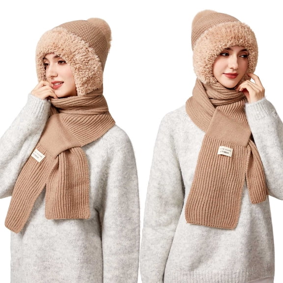 Steadline Outdoor Long Scarf Integrated Knit Hat,3-in-1 Fleece Lined Winter Balaclava with Face Mask,Warm Windproof Headwear for Skiing and Snowboarding