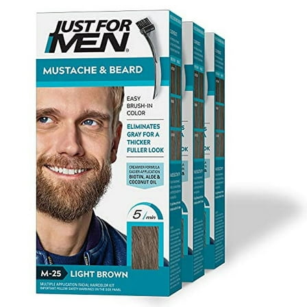 Just For Men Mustache & Beard, Beard Coloring for Gray Hair with Brush Included - Color: Light Brown, M-25 1 Count (Pack of 3)