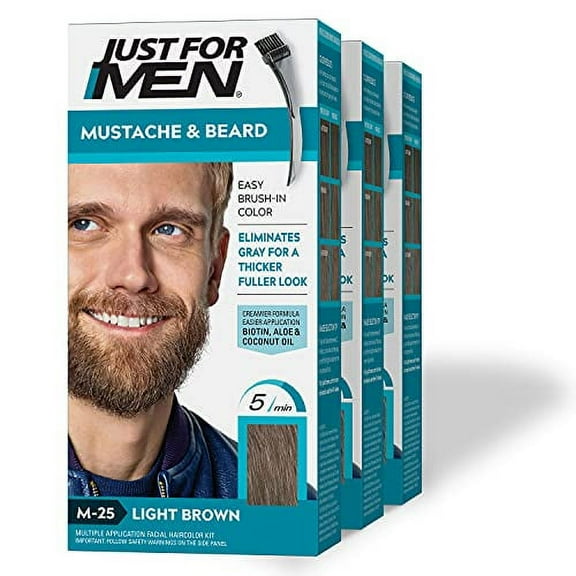 Just For Men Mustache & Beard, Beard Coloring for Gray Hair with Brush Included - Color: Light Brown, M-25 1 Count (Pack of 3)