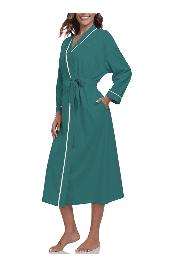 100% Cotton Womens Long Robe Lightweight Kimono Bath Robe with Pockets(Green,XL)