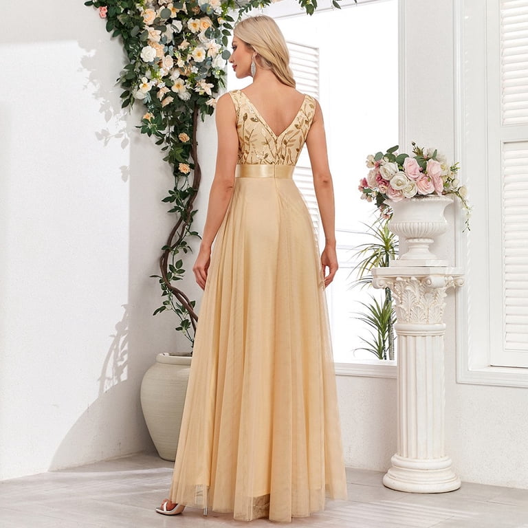 prom dresses walmart Mnyycxen Womens Embroidery Tulle Maxi Prom Dresses Sleeveless Sexy V Neck Dress A Line Fluffy High Waist Evening Dress, Women's, Size: Medium, Gold