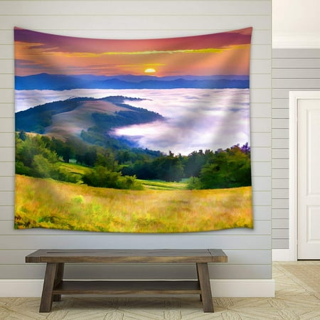 wall26 - Digital Artwork in Watercolor Painting Style. Beautiful Summer Sunrise in the Mountains. - Fabric Wall Tapestry Home Decor - 51x60 inches