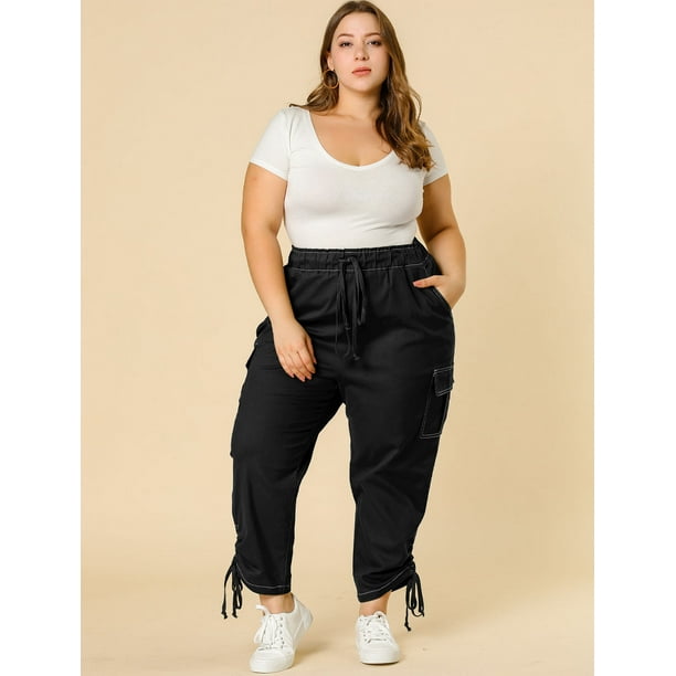 Pantalones Cargo Con Bolsillos CintuElastiCon Cordon TalGrande PaMujer Negro 3XL Agnes Orinda Pantalones
