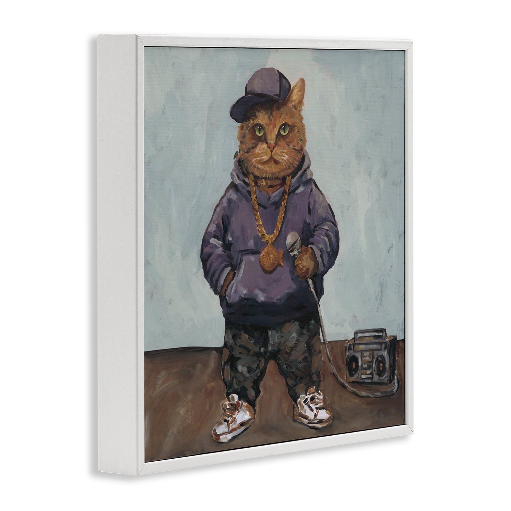 Stupell Industries Urban Hip-Hop Cat White Framed Giclee Art, design by Studio Bautista