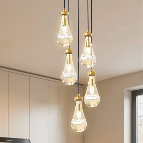 YANSUN 118.1 in 5-Light Drip Chandelier, Gold Finish with Clear Glass, Modern Classic for Dining Room Foyer
