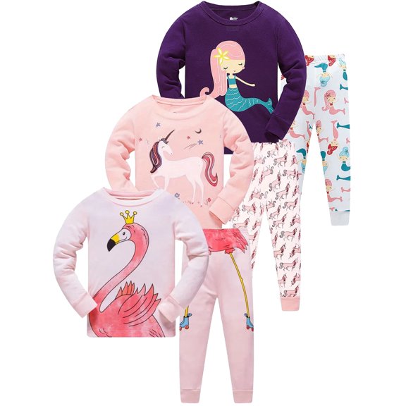WIBACKER 3-8T Toddlr and Little Girls' Long Sleeve Top and Pants Snug Fit 100% Cotton 2 Piece Pajama Set - Flamingo