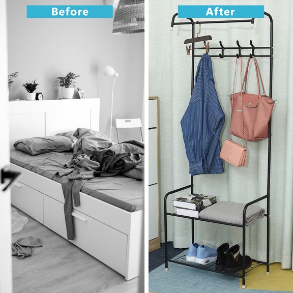 Entryway Coat Rack 3-in-1 Entryway Storage Bench Coat Rack,Metal Hall Tree Storage Organizer Shelf Free Standing Clothes Stand USA
