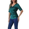 thumbnail image 4 of INSPIRE CHIC Satin Blouse for Women's V Neck Short Sleeve Ruched Tie Back Casual Office Tops L Blue Green, 4 of 6