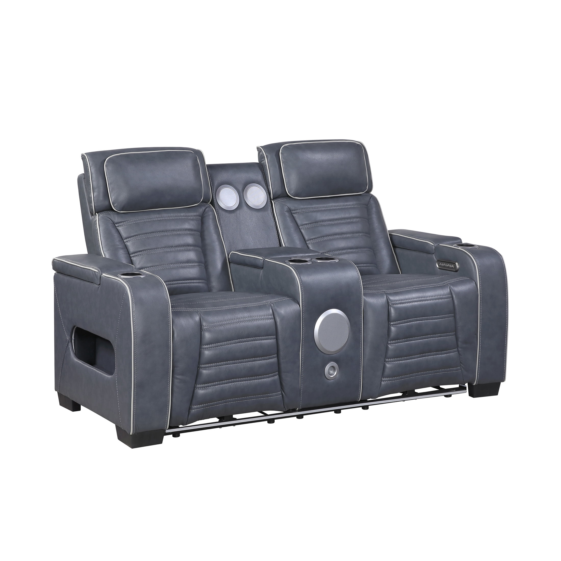 OakvillePark Elantra Leather Match Power Double Reclining Love Seat with Center Console/Power Headrests/Storage Arms/Cup Holders/Wireless speakers/Air Massage/Heat/LED Lighting/Charging Ports, Blue