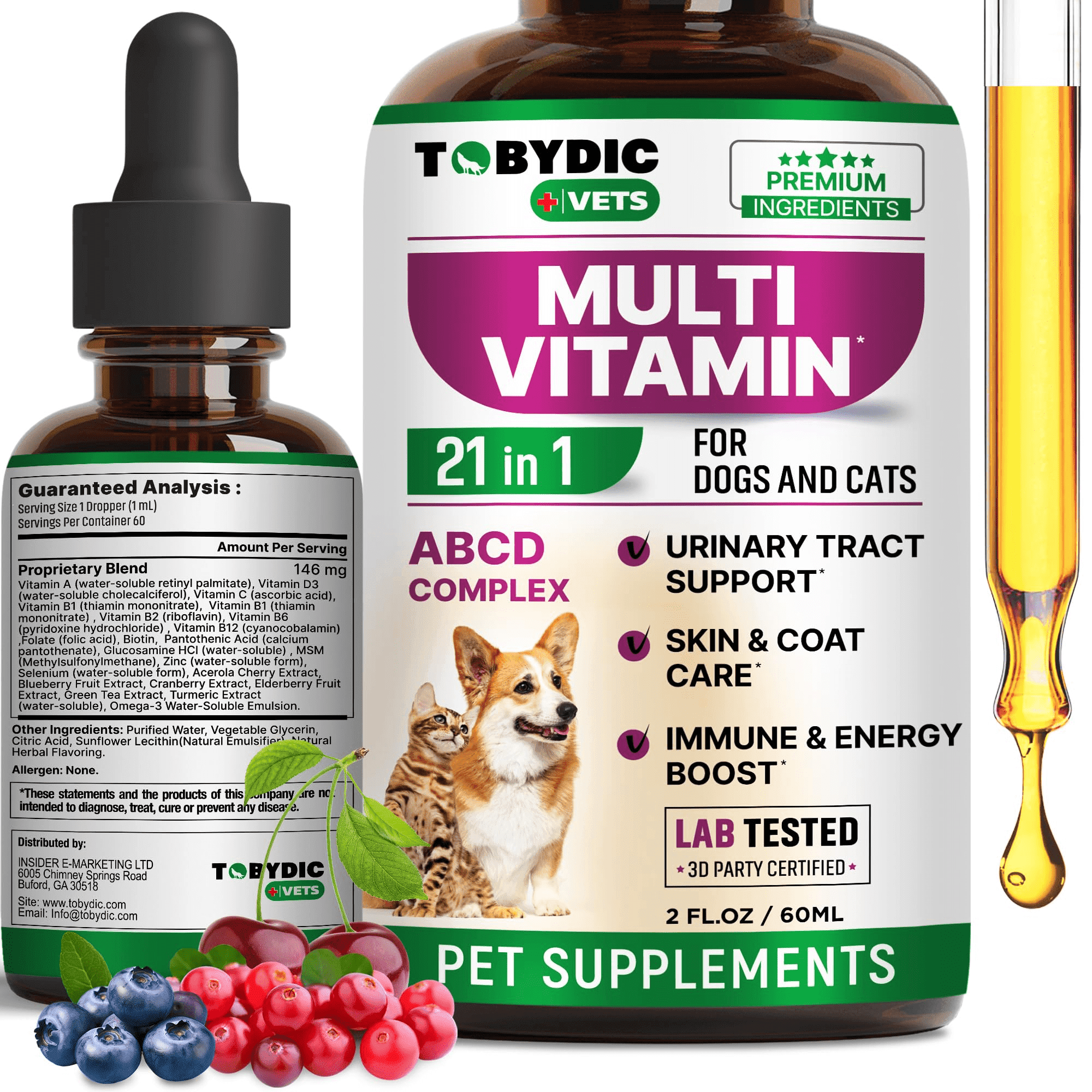 Cat & Dog Multivitamin - 21 n 1 Pet Supplement with Cranberry & Glucosamine - Support for Urinary Tract Health, Bladder, Kidney, Skin & Coat and Joints