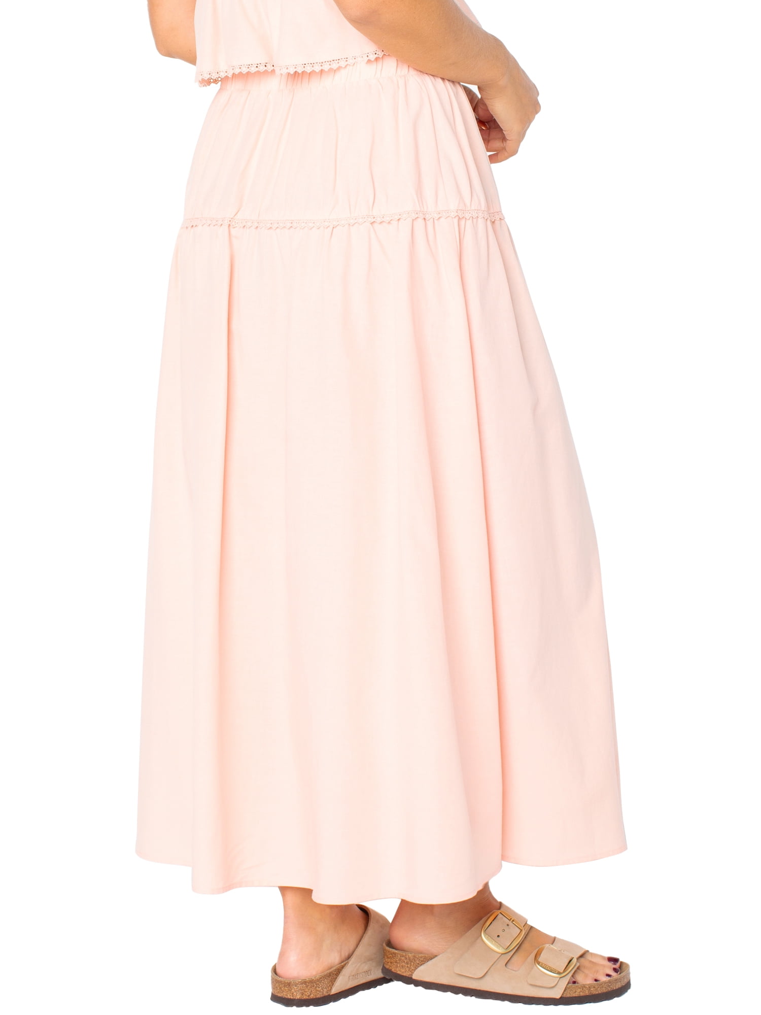 Celebrity Pink Women’s Cotton Tiered Midi Skirt with Lace Trim, Sizes XS-XXL