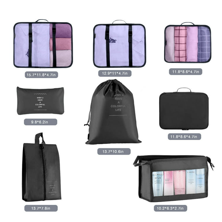 Koovon Packing Cubes for Travel, 8pcs Travel Cubes Set Foldable Suitcase Organizer Lightweight Luggage Storage Bag, Black, Size: Large