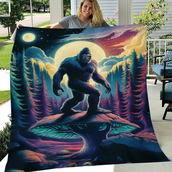Lotusprinthandmade Bigfoot in Forest Fleece Blanket 2 Sizes (Made in US) (60"x50"), Bigfoot Lovers Blanket, bigfoot cozy plush throw