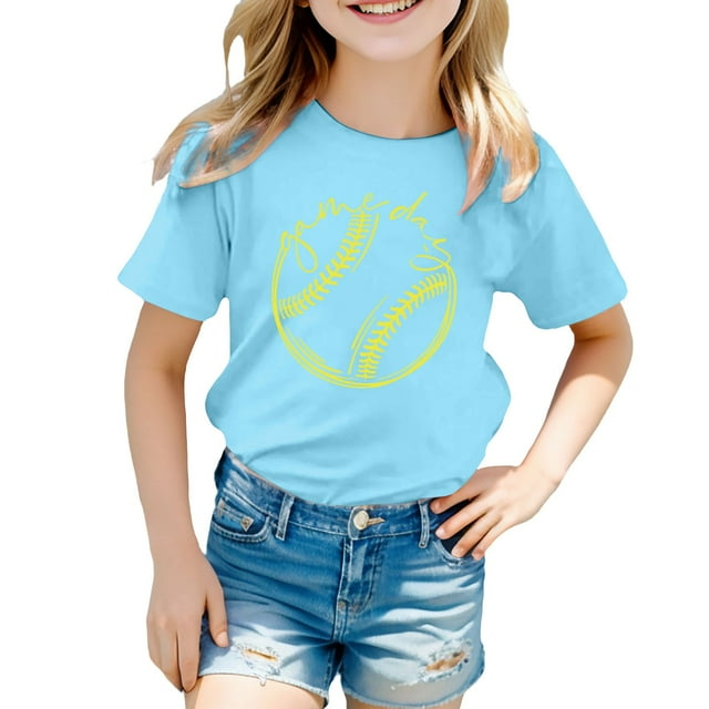 NINGMENG Hauts et T-Shirts pour Filles, Imprimé Baseball d'Été, Col Rond, Manches Courtes, Chandail Décontracté, Bleu, 5-6 Ans