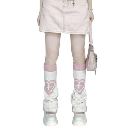 

Harajuku Women Lolita Knitted Leg Warmer Gothic for Cross Heart Balloon Print Knee High Flared Foot Cover Socks Streetwe