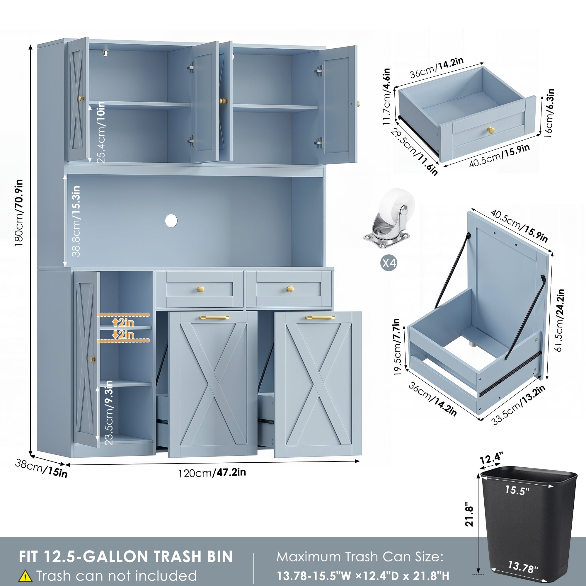 Homfa Kitchen Pantry Cabinet, Trash Can Cabinets Fits 12.5 Gallon Can, 5 Door 2 Drawer Kitchen Storage Cabinet with Hutch, Freestanding Cupboard, Blue