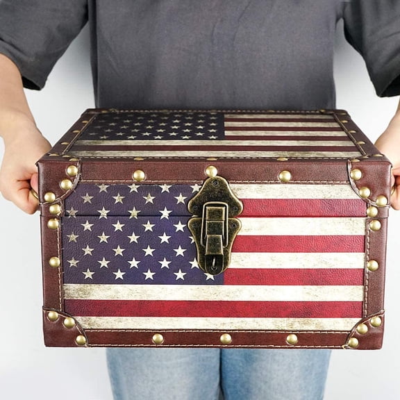 Large Wooden Decorative Storage Trunk - Vintage American Flag Memory Treasure Chest Box with 2 Compartments