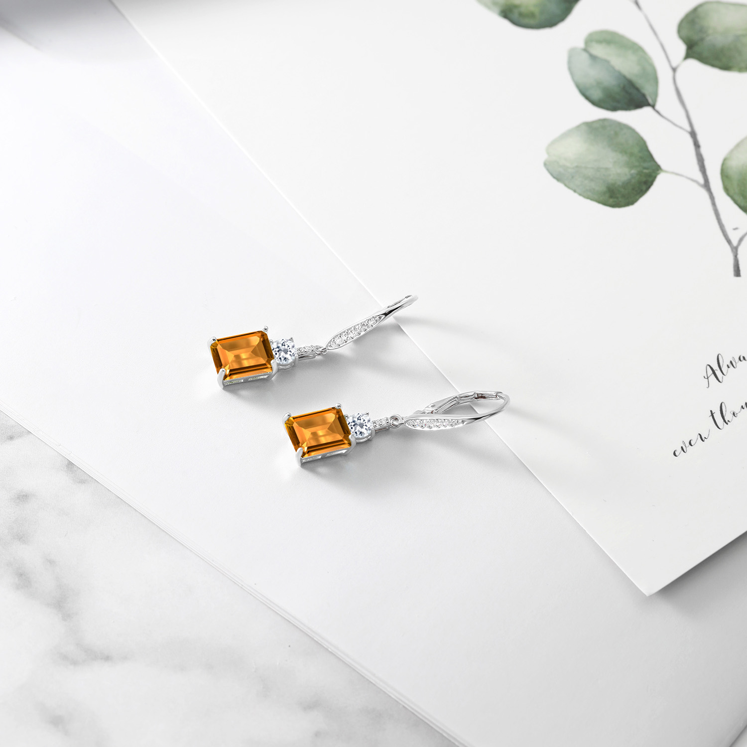 Gem Stone King 5.31 Cttw Yellow Citrine and White Topaz Dangle Earrings for Women | 925 Sterling Silver | Gemstone November Birthstone | Emerald Cut 9X7MM