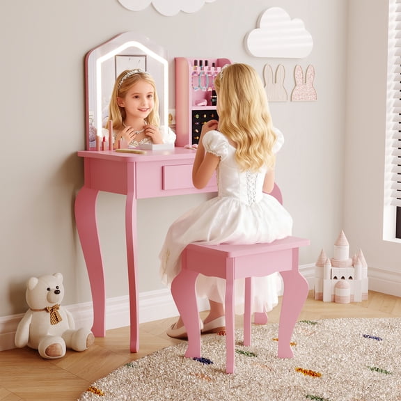 Kids Vanity with Lighted Mirror, Toddler Vanity Table and Chair Set, Girls Makeup Playset, White/Pink