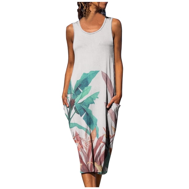 Vestido a media pierna sin mangas con estampado floral suelto casual de cuello redondo de verano para mujer Fridja hj157