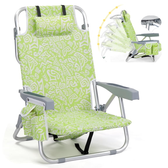 Backpack Beach Chair with 5-Position Recline, Lay-Flat Folding Chair with Cooler Pouch, Storage Bag & Towel Bar, Lightweight Aluminum for Sand & Lawn, 1Pcs/Low, Light Green