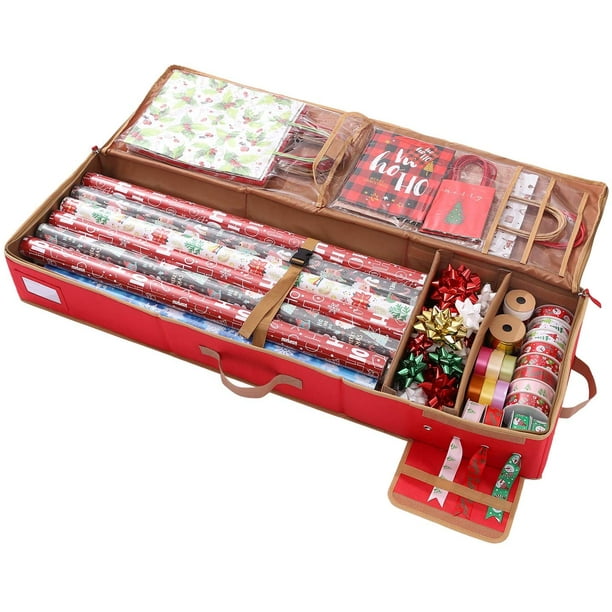 KSCD Boîte de rangement pour papier d'emballage cadeau, tissu Oxford 600D  avec ruban de Noël, boîte de rangement pour nœuds, peut contenir jusqu'à 20  rouleaux, 42 W x 14 D x 5