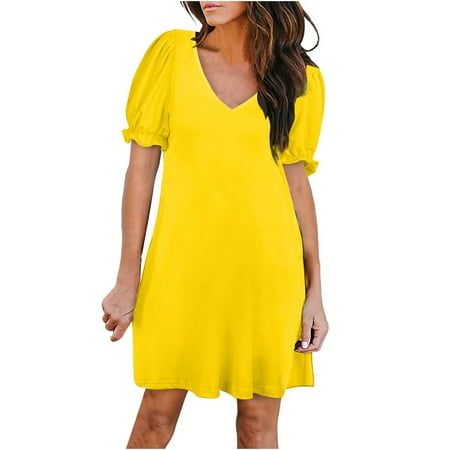 

Zkozptok Black Dresses Summer Dress Solid Color Short Sleeve Dress With Pocket Beach Dresses Yellow L