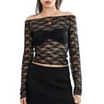 thumbnail image 2 of Musuos Women Floral Lace Crop Tops Sheer Off-Shoulder Long Sleeve Shirt Casual Pullovers, 2 of 10