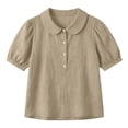 thumbnail image 6 of Comfortable Linen Shirt for Women Peter Pan Collar Short Bubble Sleeve Button Down Textured Casual Brown L, 6 of 8