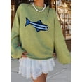 thumbnail image 4 of Women Crew Neck Rib Knit Fish Graphic Oversized Y2k Pullover Sweater Jumper Light Green S, 4 of 8