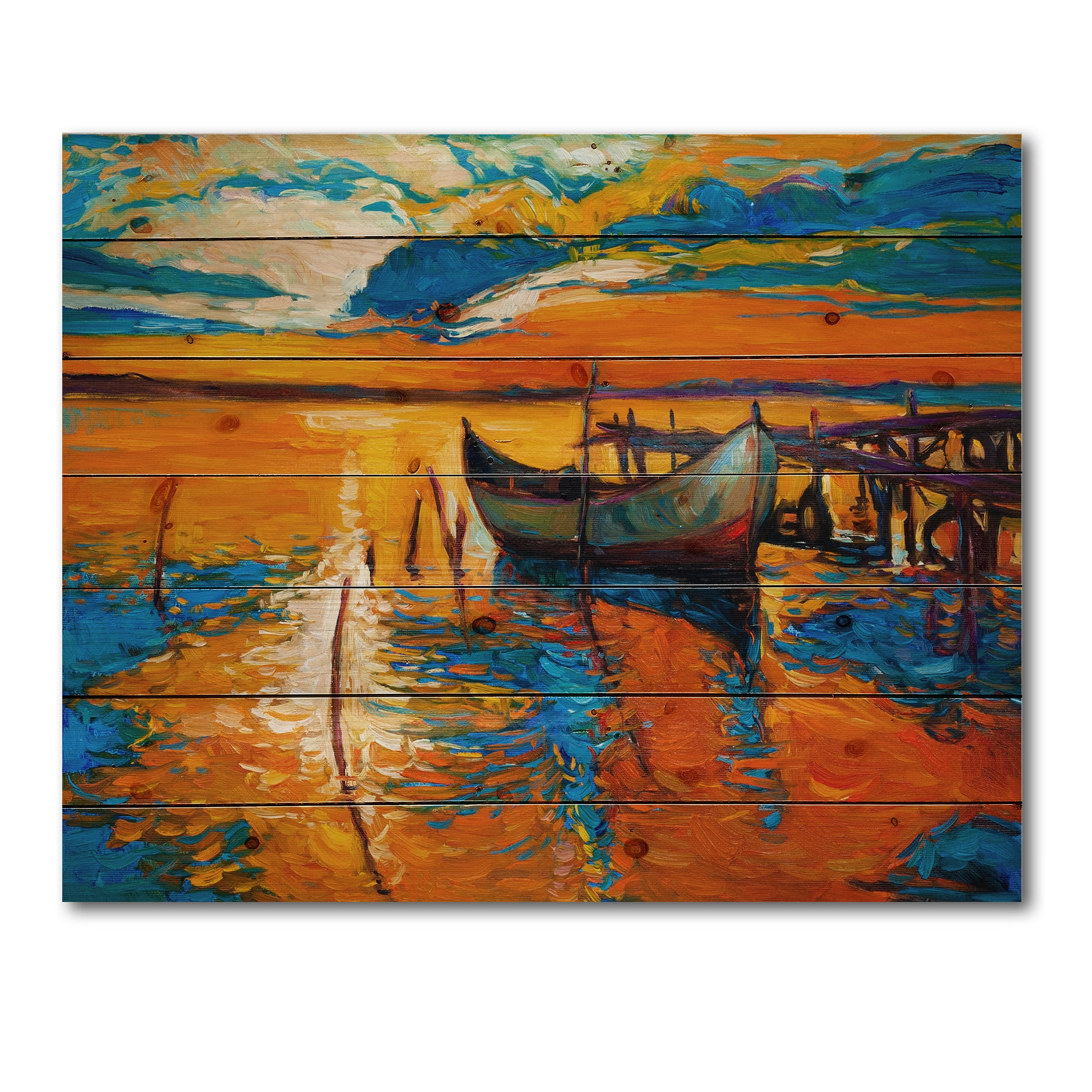 Designart 'Boat At The Lake During Evening Glow VII' Nautical & Coastal Print on Natural Pine Wood
