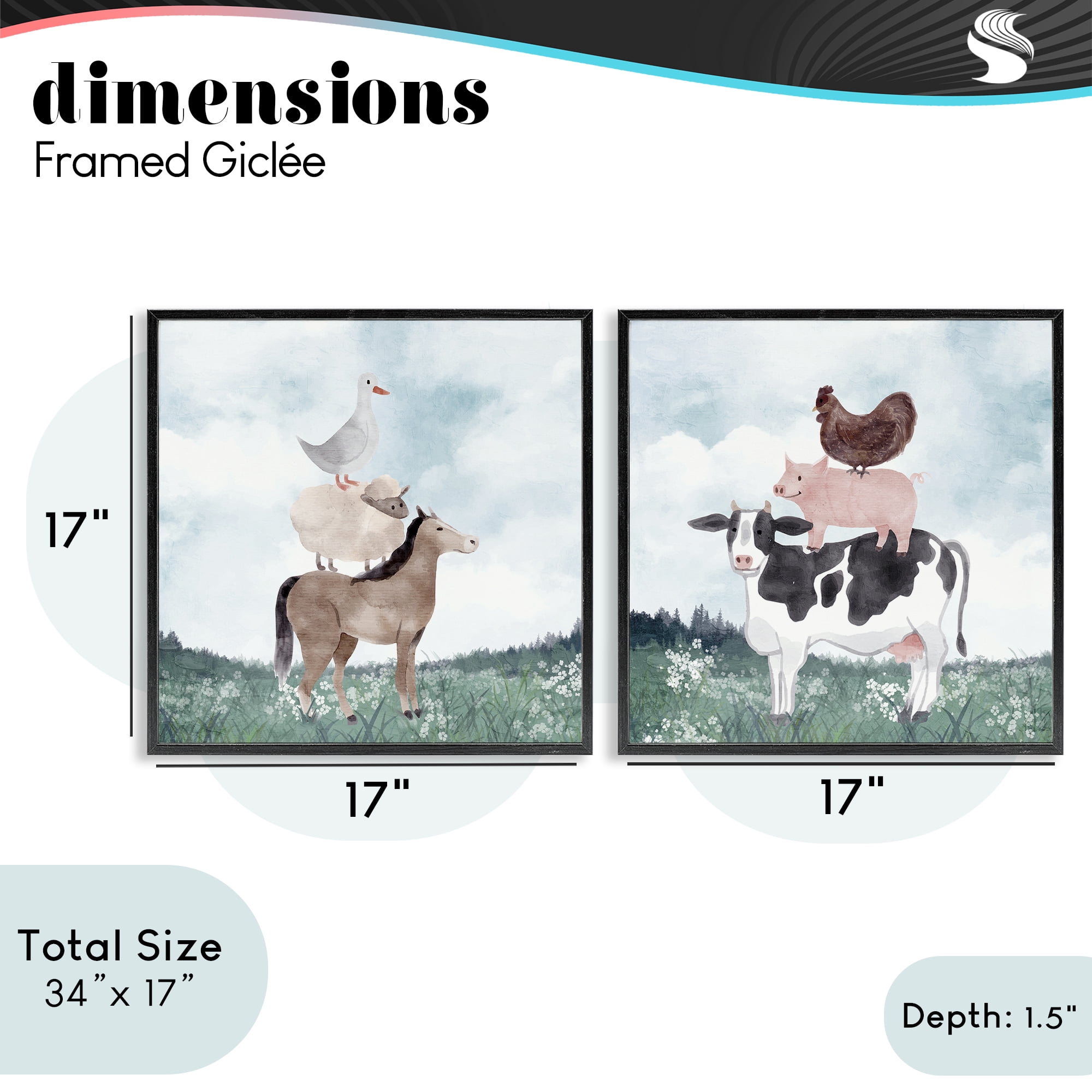 Stupell Industries Stacked Animals Blue Sky Farm 2 Piece Black Framed Giclee Art Set, design by Kim Allen