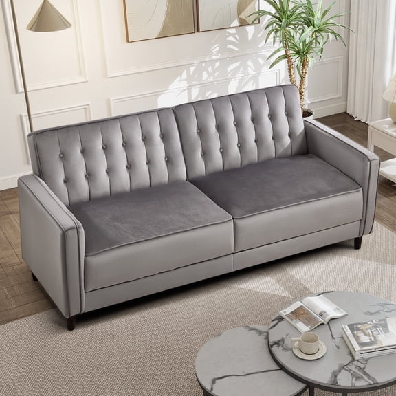 Bonzy Home Loveseat Mid Century Convertible Sleeper Sofa Modern Velvet Uphostered Tufted Couch with Adjustable Backrest, Gray