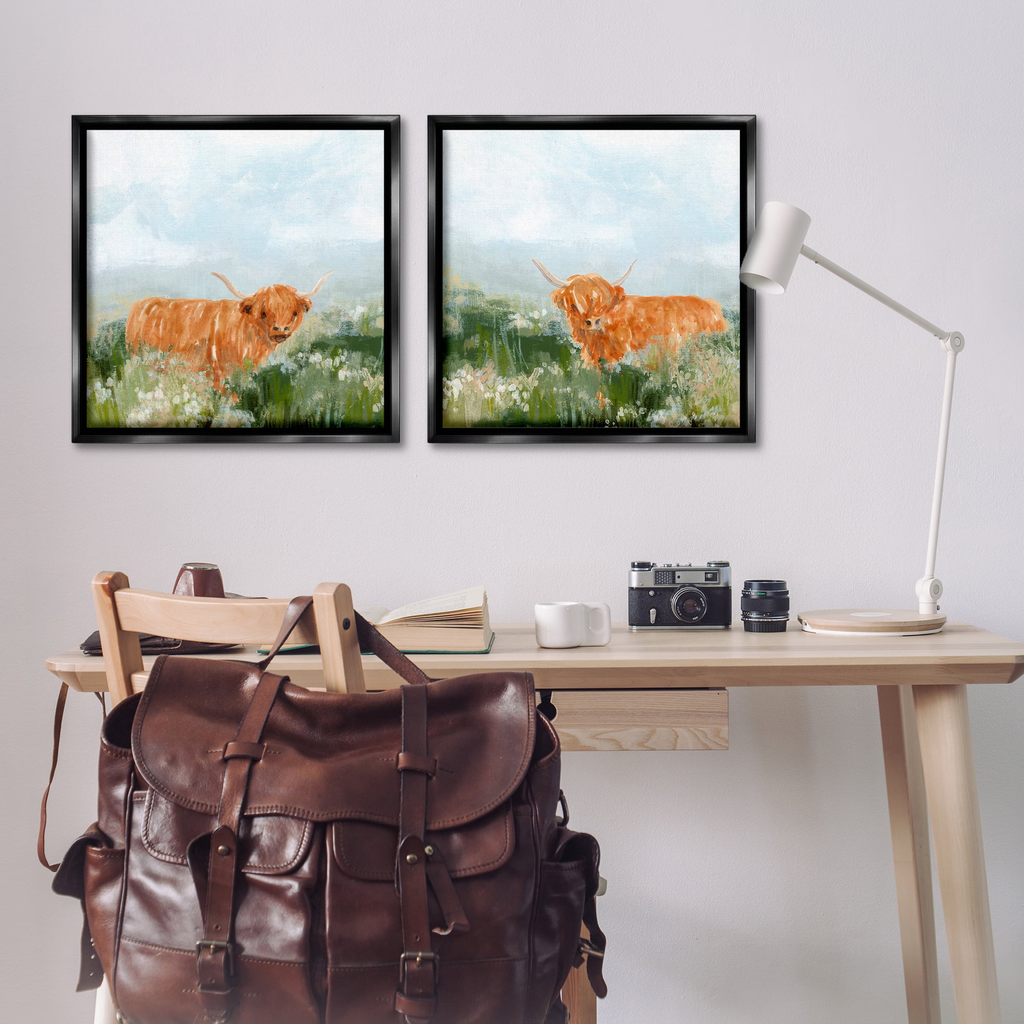 Stupell Industries Shaggy Highland Cow in Field Animals Painting Black Floater Framed Canvas Art Print Wall Art, 25 x 25, Set of 2