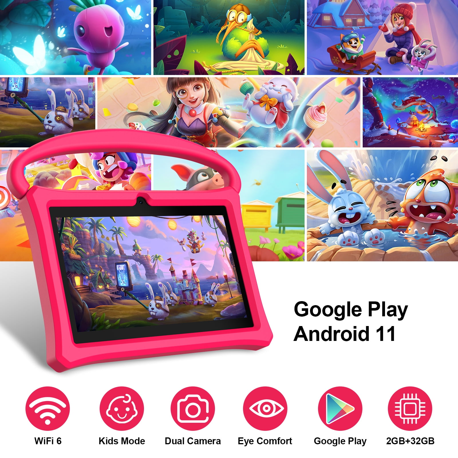 Android Kids Tablet 7 inch with Case, 2GB RAM, 32GB ROM, Touch Screen, Quad-Core,1024x600| Wi-Fi| Google Certified(Pink)