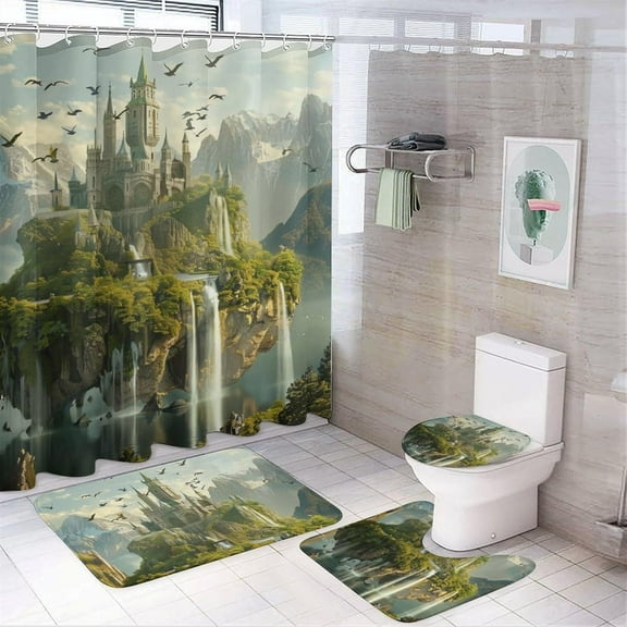 4Pcs Vintage Castle Waterfall Shower Curtain Set, Western Architecture Mountain Forest Bathroom Decor Sets with Rugs Bathroom Accessories Bathroom Curtain Shower Set, 72" x 72"