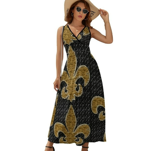 Black And Gold Fleur De Lis Sleeveless Dress Dresses Women Summer Evening Dresses Ladies Bohemia Long Dresses