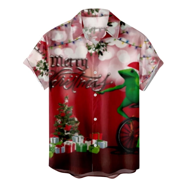 Camisas Navideñas Para Hombres Botones Casuales Estampado de Playa Turndown Blusa de Manga Corta Odeerbi ODB195092