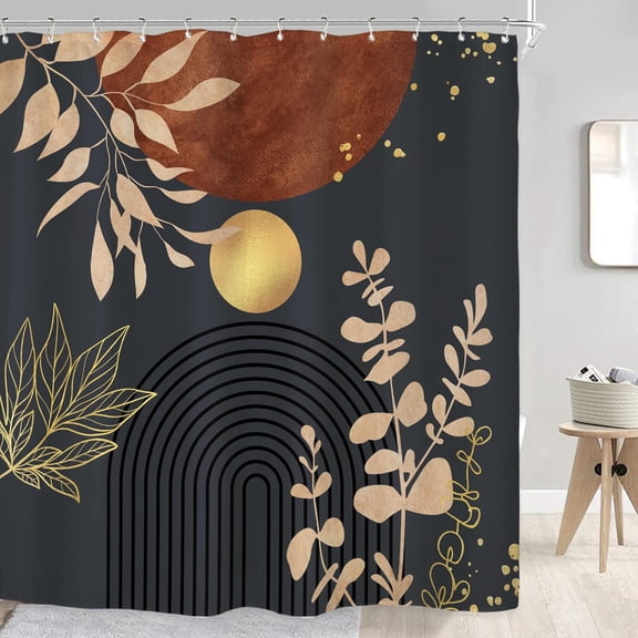 Black Burgundy Boho Mid Century Shower Curtain for Bathroom Decor 72Wx72H Modern Abstract Gold Leaves Minimalist Geometric Arch Art Printed Fabric Polyester Waterproof 12 Pack Plastic Hooks