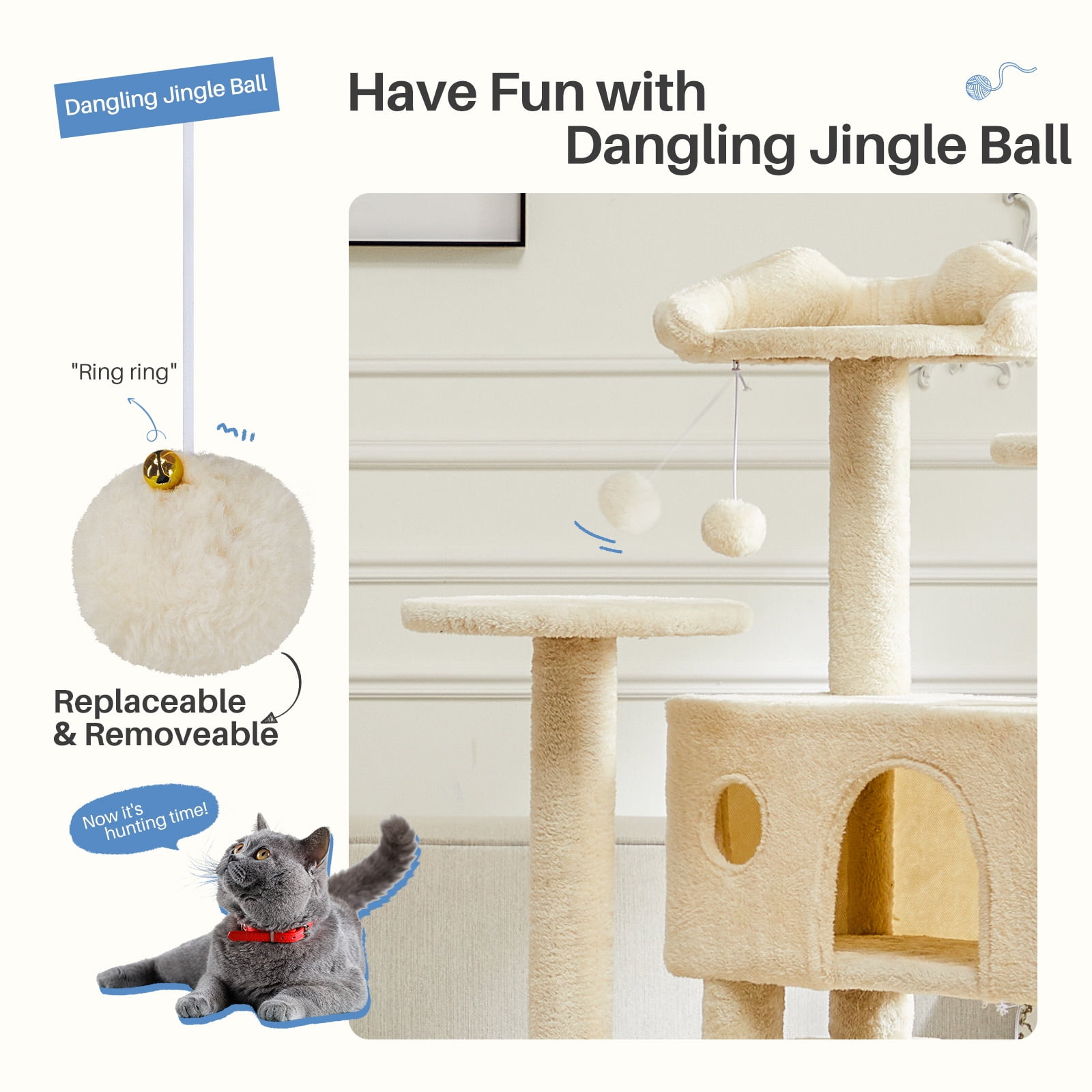 Cat Tree, 54-Inch Multi-Level Cat Tower with Scratching Post, Plush Cat Condo, Light Cream