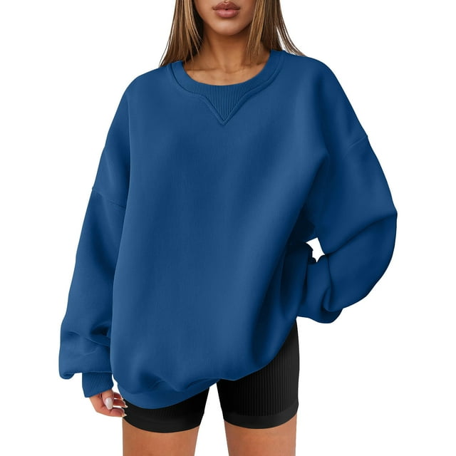 Qetyuw Chandail en Molleton Basique Surdimensionné pour Femmes Épaules Tombantes Manches Longues Chandail Mode Col Rond Hauts Doux Léger Sport Extérieur