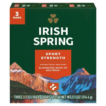 Irish Spring Sport Strength Antibacterial Bar Soap for Adult Men, Smell Fresh and Clean for 12 Hours, Antibacterial Soap Bar for Washing Hands and Body, All Skin Types, 3 Pack, 3.7 Oz Soap Bars