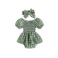 thumbnail image 1 of xiaxaixu Baby Girls Romper Dress Set Checkerboard Print Summer Ruched Short Sleeve Jumpsuits and Elastic Headband, 1 of 9