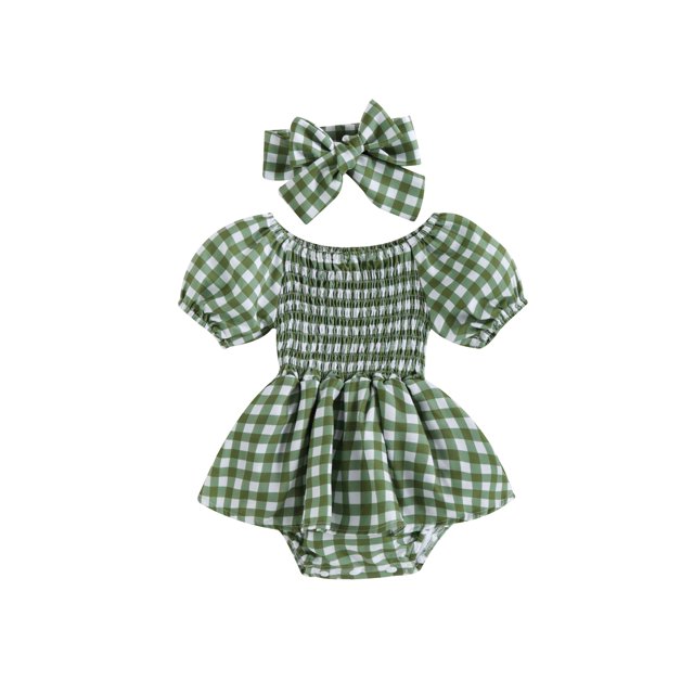 xiaxaixu Baby Girls Romper Dress Set Checkerboard Print Summer Ruched Short Sleeve Jumpsuits and Elastic Headband
